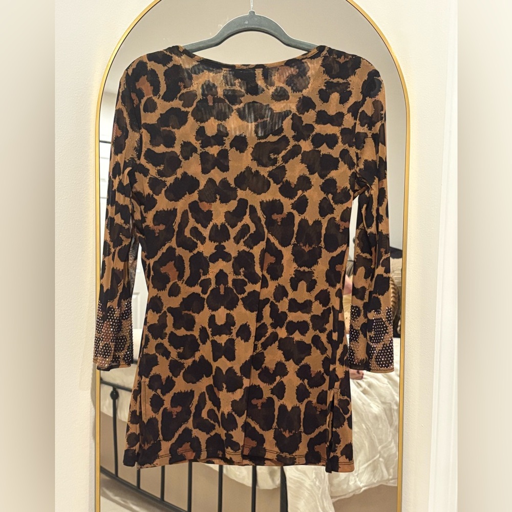 INC International Concepts Leopard Print Rhinestone Mesh 3/4 Length Sleeves Top